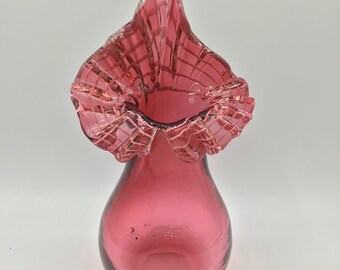 Beautiful Hand Blown Cranberry Trumpet Vase - White trim