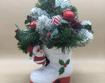Napco Santa Boot with Santa and Floral Arrangement