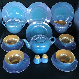 Pretty Blue/Orange Luster Japanese Tea Set