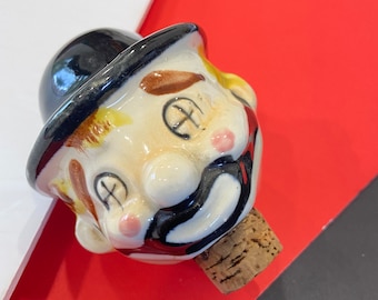 Vintage Ceramic Head Bottle Stopper - 1950’s Drunk Man Head Cork