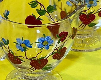 Vintage Hand Painted Cream Sugar - Strawberries and blue flowers - Teatime Glass Cream & Sugar