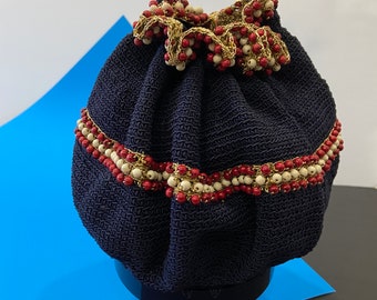 Vintage 1940’s Drawstring Bag - Navy 40’s Crochet Bag with Beading