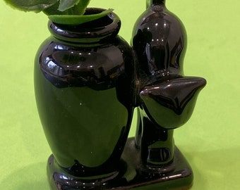 Mid Century Black Cat w Bud Vase - Mini Ceramic Bud Vase and Scared Cat