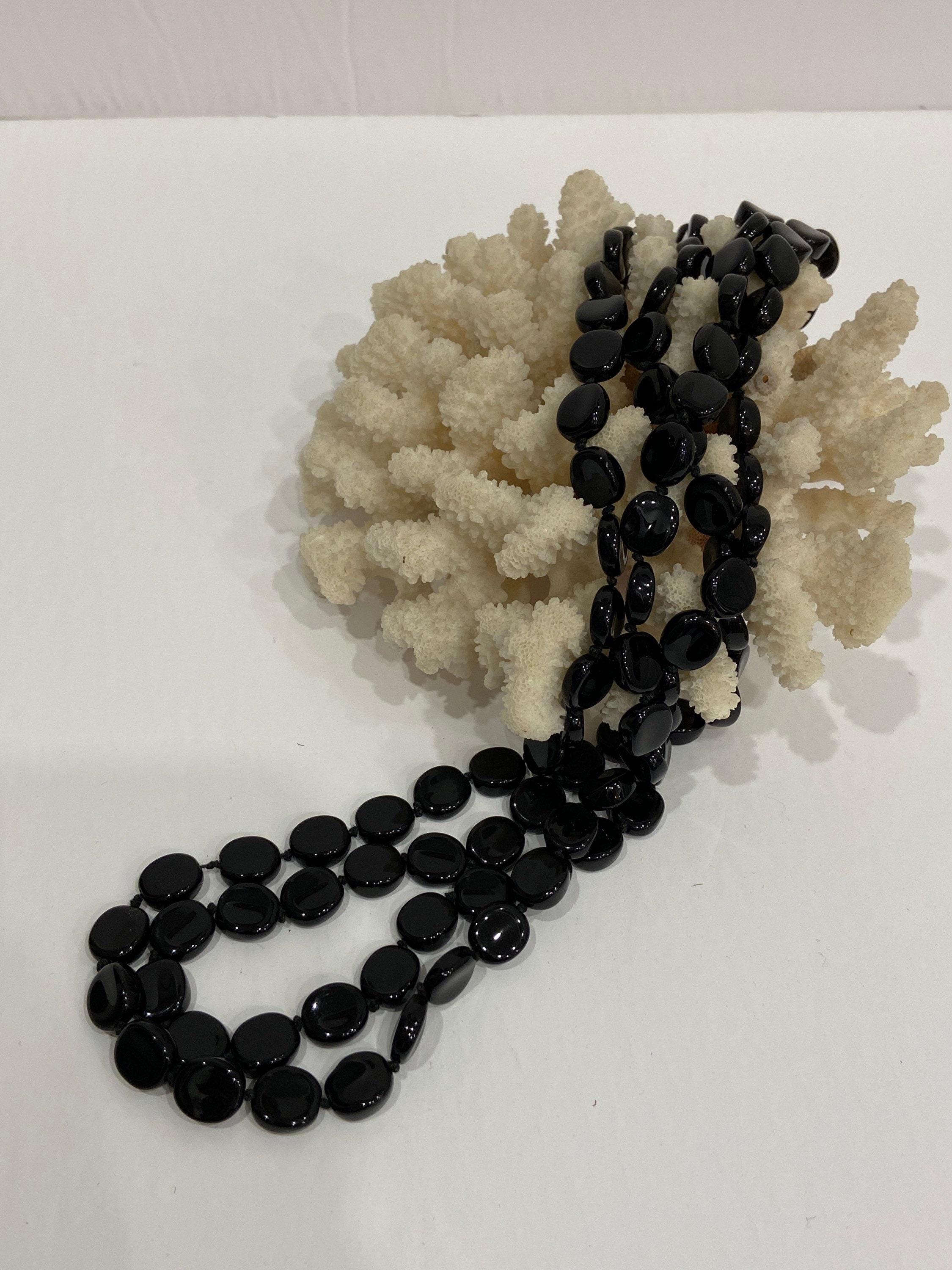 Vintage Black Bead Necklace - Glass Bead Necklace - Two