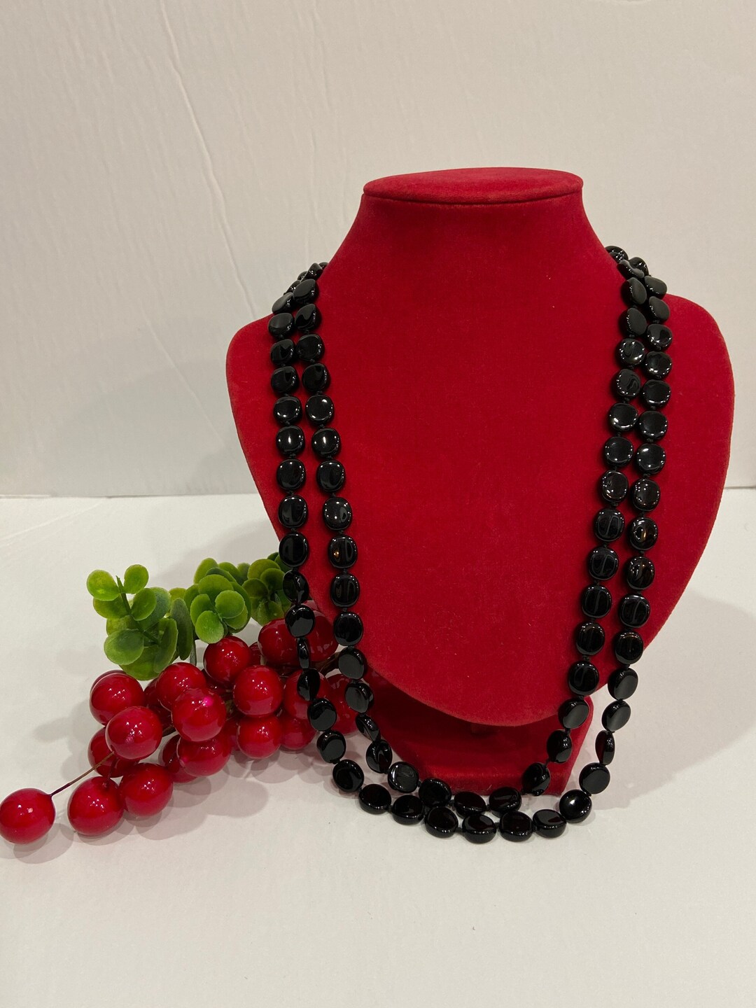 Collier Perles De Verre Noir Vintage - Ancien - Bon état