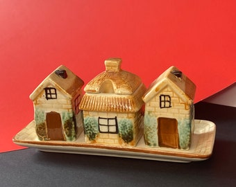 Vintage English Cottage Ceramic Set - Salt Pepper Mustard - Thatched Roof Condiment Set