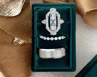 3 Slot Ring Box Wedding Day Ceremony, Velvet Emerald Forest Green; Flat Lay Props
