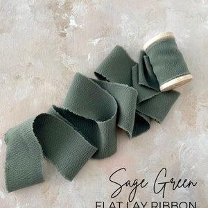 SageGreen Wedding Ribbon for Flat Lay Styling Kit on Wood Spool with Frayed Edges