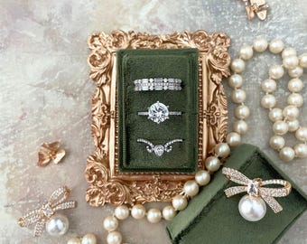 Triple Velvet Ring Box for Proposal, 3 Slot RingBox for Flat Lay Props Styling Kit, Wedding Ring Box for Ceremony, Olive Ring Holder