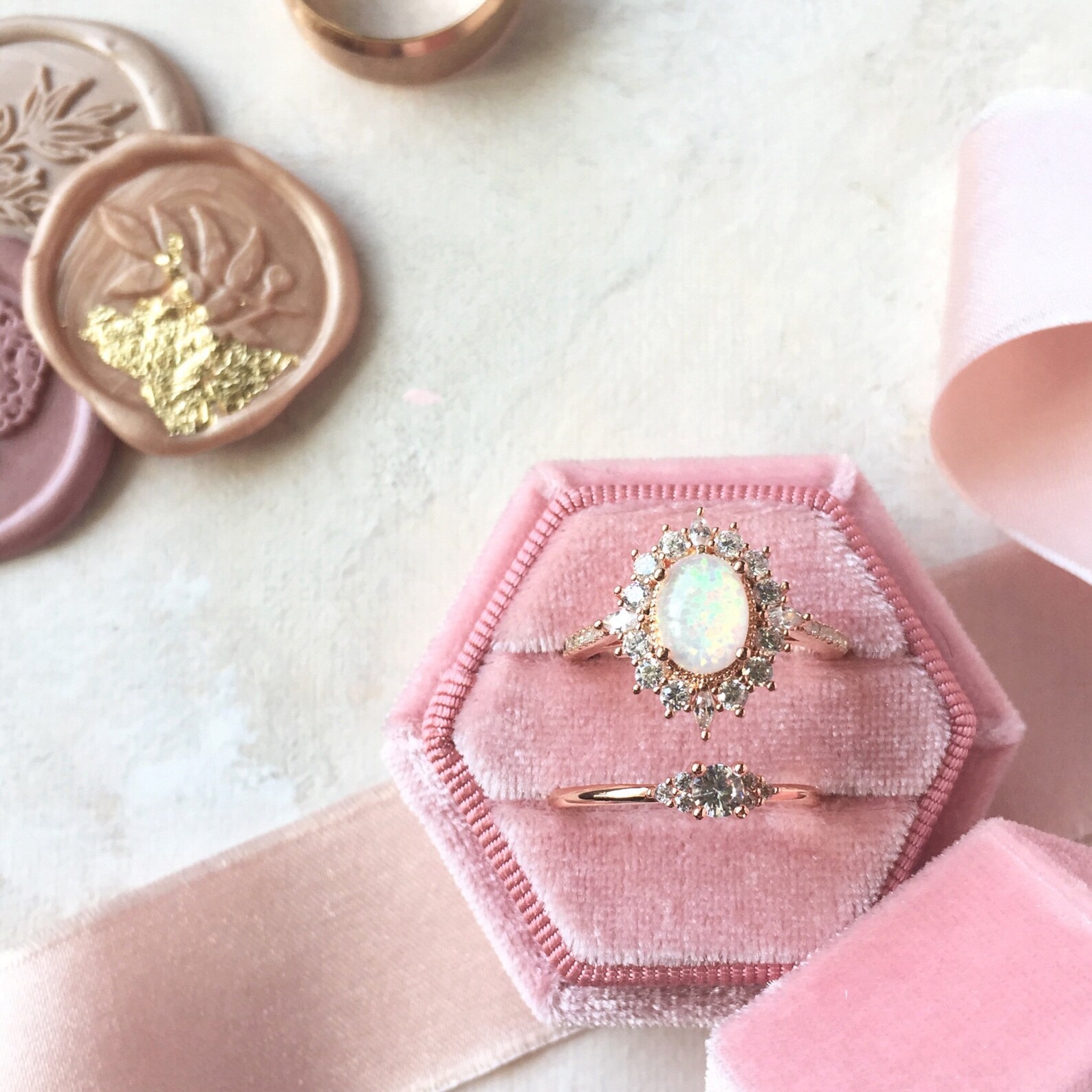 Fake Engagement Ring and Wedding Band Flat Lay Kit Rose Gold Etsy