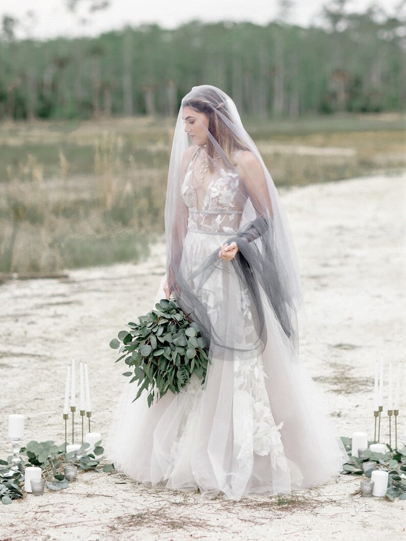 Ombre Veil Wedding Cape Veil Black Bridal Veil Black Etsy