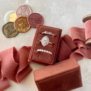 3 slot Ring Box RUST Terracotta, Rust Ring Box & Ribbon, Terracotta Wedding Flat Lay Props, Rust Three Slot Ring Box, Terracotta Ring Box