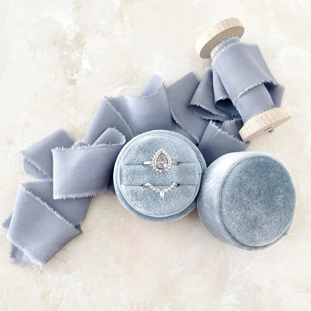 Dusty Blue Ring Box & Ribbon, Dusty Blue Wedding Flat Lay Props, Dusty