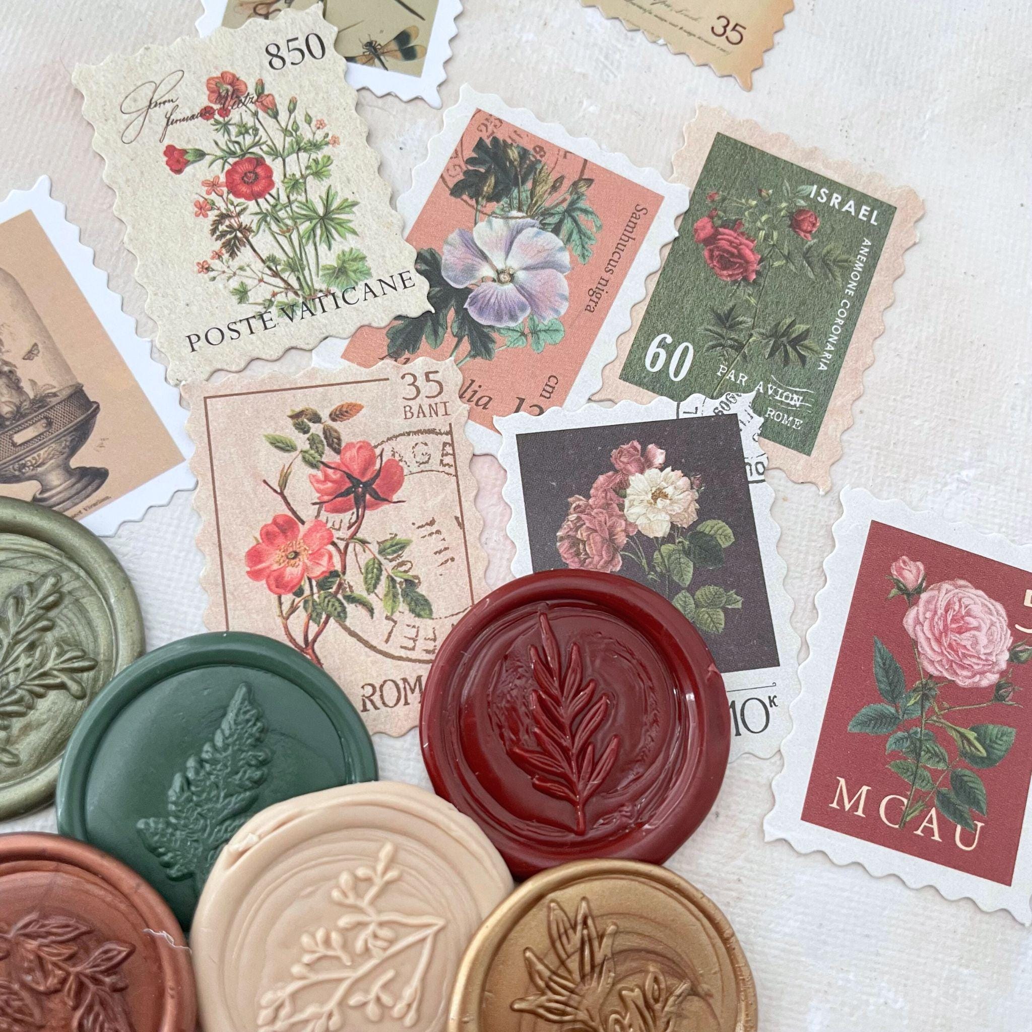 Flat Lay Props Fake Postage Stamps for BohoRust Wedding, Faux Postage for Flatlay Styling Kit, Terracotta Rust Fall & Olive Sage wax stamps