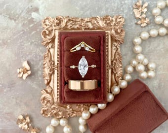 Wedding Ring Box Triple Slot for Bride,  Engagement Ring Holder Gift for Her, Velvet 3 Slot RingBox Rust  for Flat Lay Styling-Props Kit