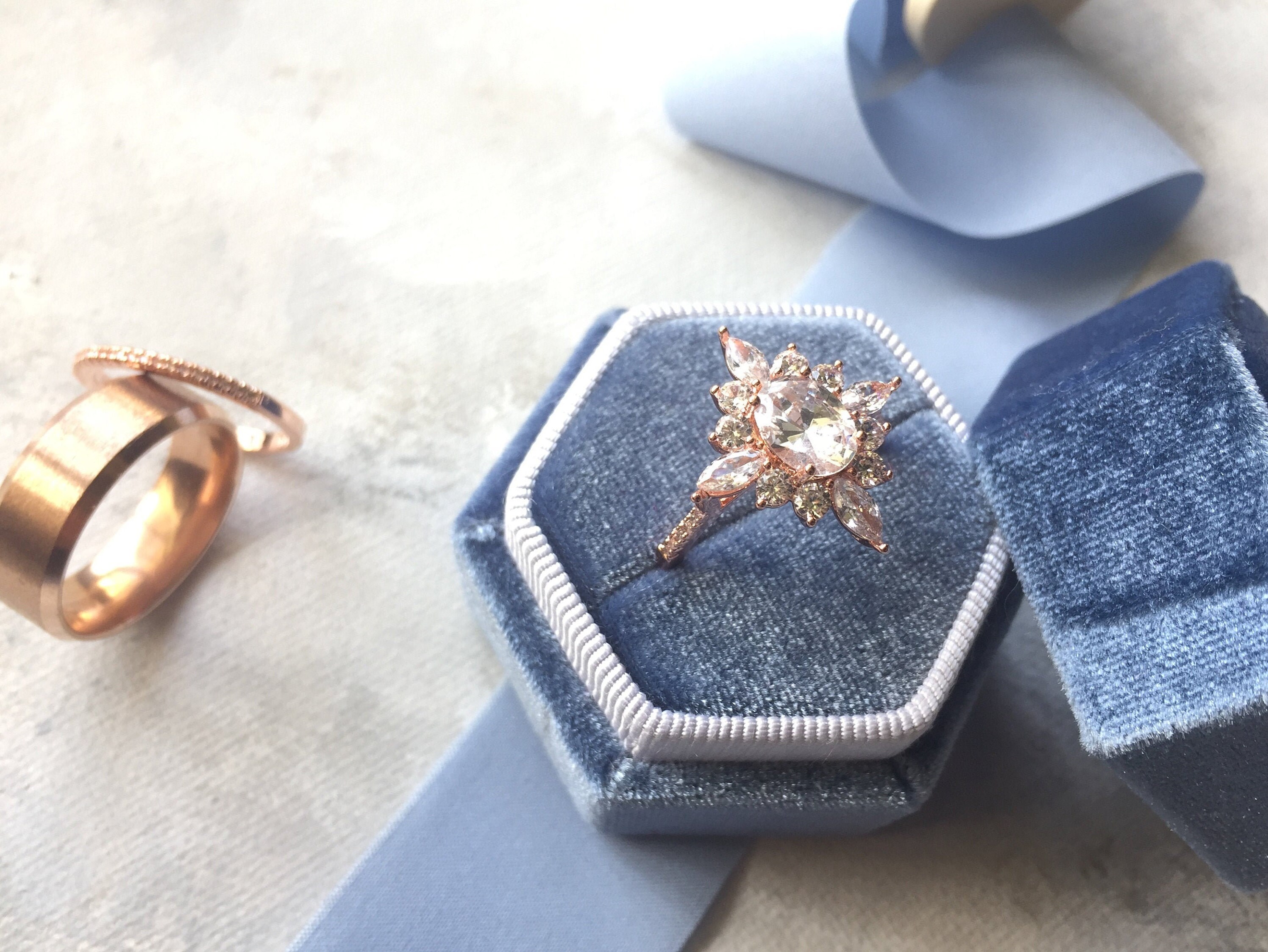 Fake Engagement Ring & Wedding Band Set 3 Piece Rose Gold Etsy