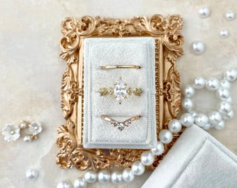 Wedding Ring Box for Ceremony 3 slot White Velvet Ring Ring Holder, Lay-Flat Styling Prop Kit for Bridal Details
