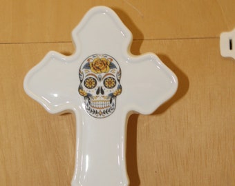 Day of the Dead Porcelain Cross Shaped Night Light. Wall Plug In Night Light,