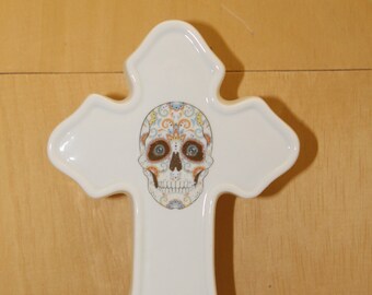 Day of the Dead Porcelain Cross Shaped Night Light. Wall Plug In Night Light,