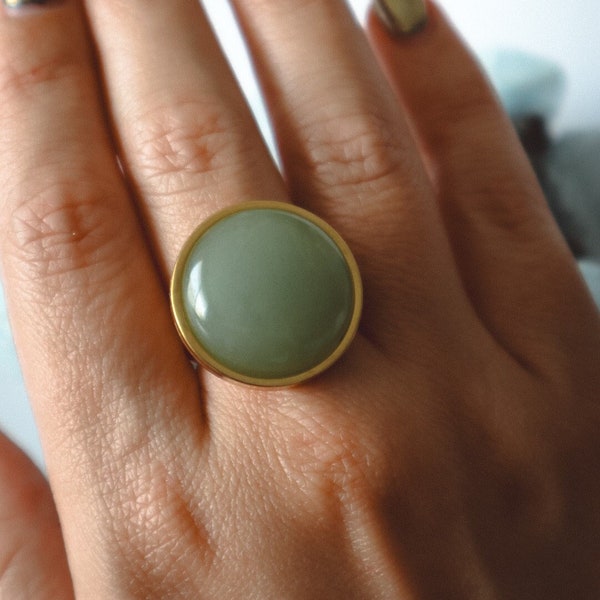 Green Aventurine Statement Birthstones Ring Gold, waterproof gemstone jewelry, bohemian chunky jewellery, handmade unique valentine's gift