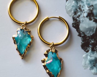 Aqua Aura Quartz Huggies Hoop Charm Earrings 14K Gold Plated Jewelry, gemstone gifts, bohemian arrowhead accessory, boho arrow jewellery