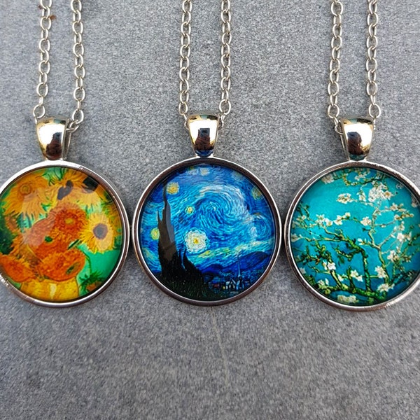 Colliers avec pendentif Vincent Van Gogh, tournesol, bijoux nuit étoilée, impressions d'art vintage fleurs d'amandier en argent, bijoux personnalisés