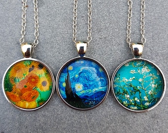 Vincent Van Gogh Collares colgantes, Girasol, Joyería de noche estrellada, Flores de almendro Vintage Art Prints Plata, joyas personalizadas