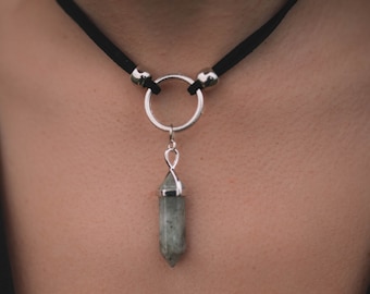 Crystal O-Ring Choker Silver, Gemstone Pendant, sub gifts for her, BDSM Submissive Day Collar, Valentines Gift for Women