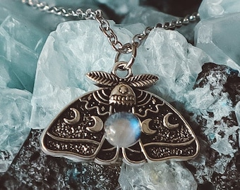 Moonstone Luna Moth Pendant Silver Necklace for women,  Luna moth necklace, gift jewellery, ethereal moon accessory, cutecore jewellery