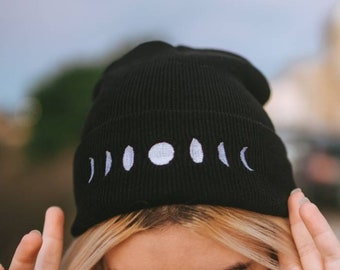 Moon Phases Beanie - Black/White Hat - Embroidered Phases of the Moon - Lunar Cycle Beanie - Gifts for women - Gifts for men