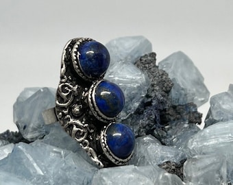 Lapis Lazuli Boho Statement Vintage Ring Silver, Multistone jewelry, Tibetan silver jewellery, gift idea for her, gifts for spiritual women