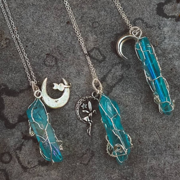 Collana con ciondolo Aqua Aura con avvolgimento in filo Argento, gioielli in cristallo di quarzo, gioielli avvolti in filo con ciondoli lunari, collana per bambina