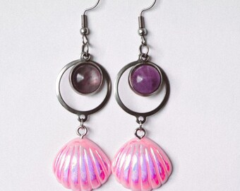 Seashell Dreams Earrings Silver, coastal cowgirl accessory, purple amethyst pink handmade shell hoop earrings, Coachella style jewelry