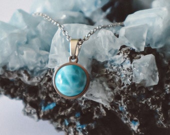 Blue Larimar Birthstones Necklace Silver, ocean inspired style crystal choker, gemstone gift for mom, handmade pendant birthday gift ideas