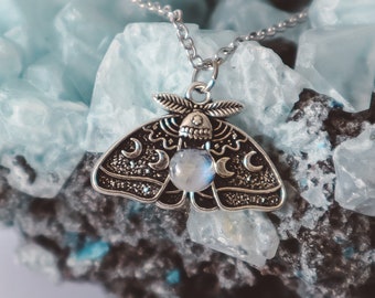 Moonstone Luna Moth Pendant Birthstones Necklace Silver, charm accessory chain jewelry, cancer zodiac handmade gift, fairycore witchy style