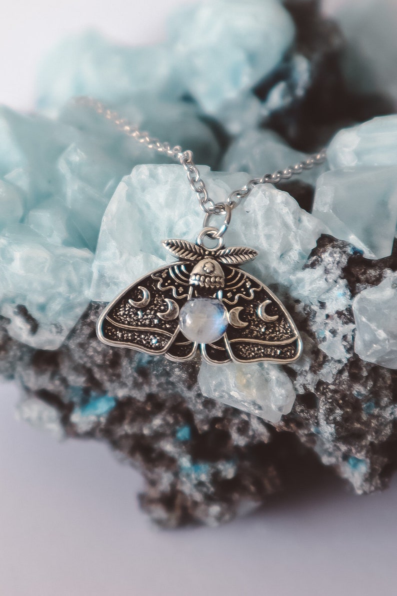 Moonstone Luna Moth Pendant Birthstones Necklace Silver, accessory chain jewelry, cancer zodiac charm, fairycore witchy style handmade gift image 1