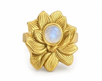 LOTUS Rainbow Moonstone Lotus Flower Ring Gold