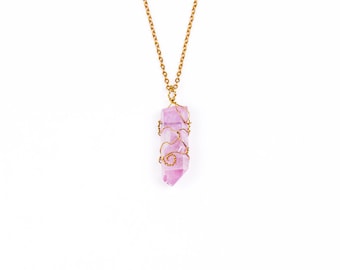 IRIS Wire Wrapped Purple Aura Quartz Necklace Gold