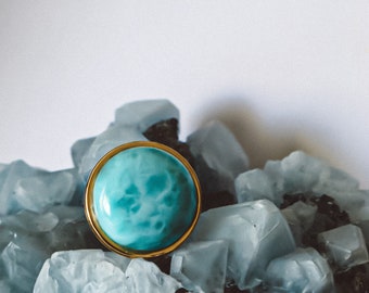 Blue Larimar Statement Ring Gold, handmade gift ocean inspired style, polished larimar crystal gift for mom, gift for sister