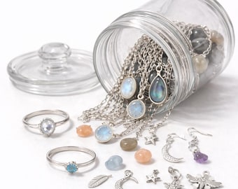 925 Sterling Silver Mystery Jewelry Jar, Birthstone Jewelry Box, Natural Gemstone Surprise Jewelry Gift for Her, jewelry jar