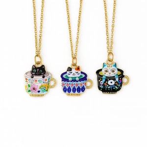 Enamel Cat Teacup Necklace: Gold Stainless Steel Chain
