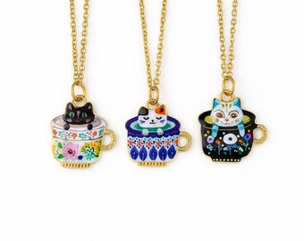 Cat in a Teacup Necklace, Gold Stainless Steel Chain, Cutecore jewelry, teacup jewellery, Everyday necklace, Jewelry Gifts