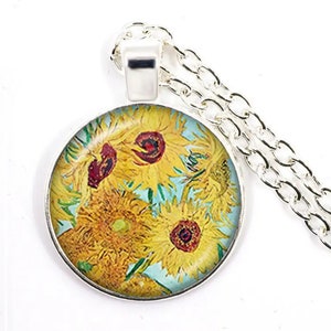 Vincent Van Gogh Pendant Necklaces, Sunflower, Starry Night jewelry, Almond Blossoms Vintage Art Prints Silver, personalised jewellery Sunflowers