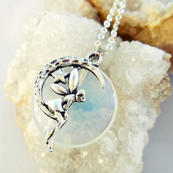 Opalite Moon Fairy Necklace, best gifts for women, faerie pendant jewellery, fairycore cottagecore style gem jewelry, gifts for young girls