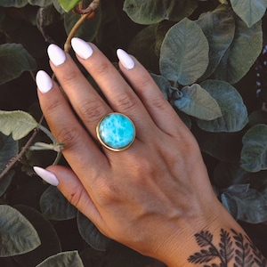 Blue Larimar Statement Ring Gold, handmade gift ocean inspired style, polished larimar crystal gift for mom, gift for sister
