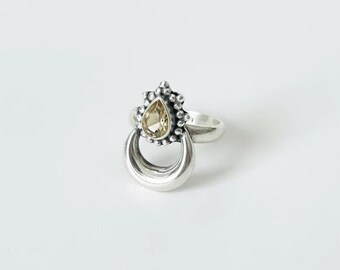 RISE Faceted Citrine Crescent Moon Ring 925 Silver