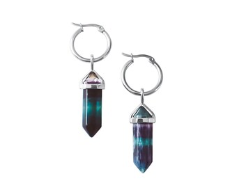 CERCLE Rainbow Fluorite Point Huggies Earrings Silver