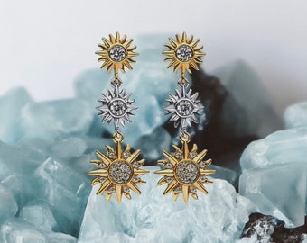 Sun Charm Dangling Stud Earrings Gold 925 Silver, Celestial Charms Zircon Stone, Unique Valentine’s Day jewelry gifts for her