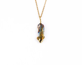 Iris Wire Wrapped Titanium Quartz Necklace Gold