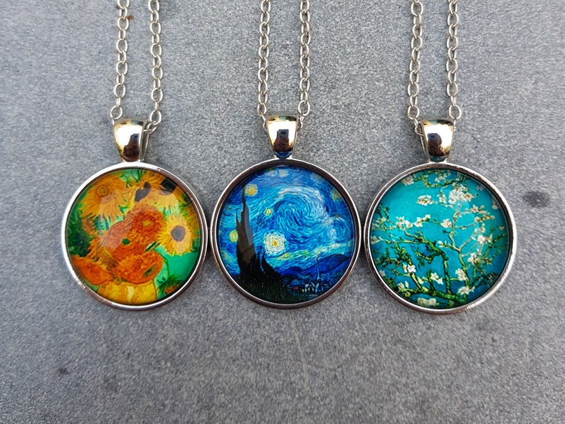 vincent van gogh art pendants, van goh necklace, van gogh jewelry, van gogh art, painting necklace, silver necklace, handmade gift, gift jewelry